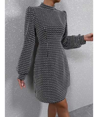 Women's Plaid Tweed Mock Neck Lantern Long Sleeve Dress Casual A Line Dresses Black $12.71 Dresses