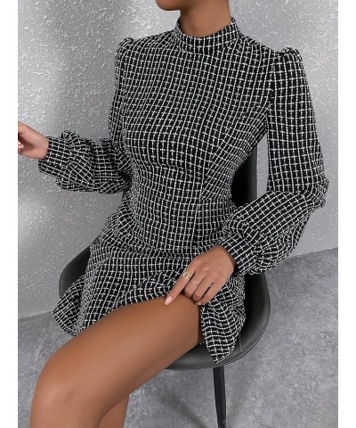 Women's Plaid Tweed Mock Neck Lantern Long Sleeve Dress Casual A Line Dresses Black $12.71 Dresses