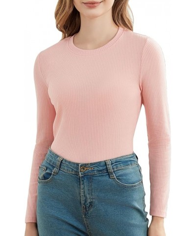 Cotton Long Sleeve Shirts for Women Slim Fitted Ribbed Knit Crewneck Tops Basic Tshirt Tee Tight Undershirt Light Pink $10.00...