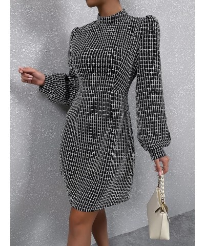 Women's Plaid Tweed Mock Neck Lantern Long Sleeve Dress Casual A Line Dresses Black $12.71 Dresses