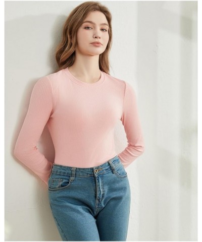 Cotton Long Sleeve Shirts for Women Slim Fitted Ribbed Knit Crewneck Tops Basic Tshirt Tee Tight Undershirt Light Pink $10.00...