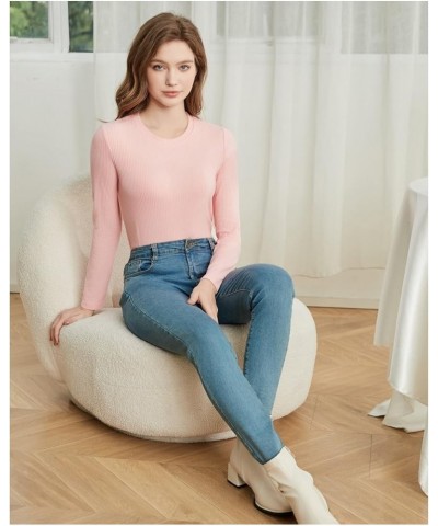 Cotton Long Sleeve Shirts for Women Slim Fitted Ribbed Knit Crewneck Tops Basic Tshirt Tee Tight Undershirt Light Pink $10.00...