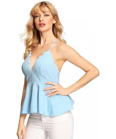 Women's Sexy V Neck Backless Camisole Scalloped Peplum Cami Top Blue $13.44 Tanks