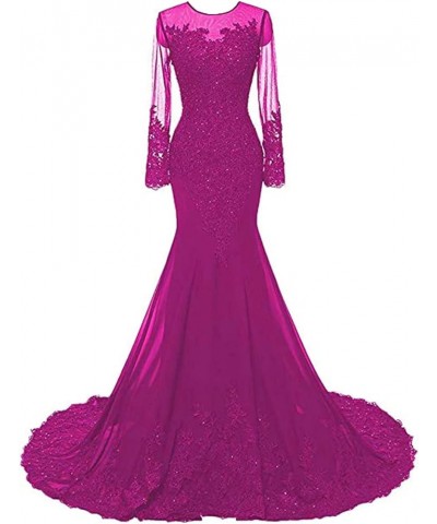 Mermaid Prom Dresses Long Sleeves Lace Beaded Appliques Formal Evening Dresses Ball Gowns for Women Fuchsia $48.30 Dresses