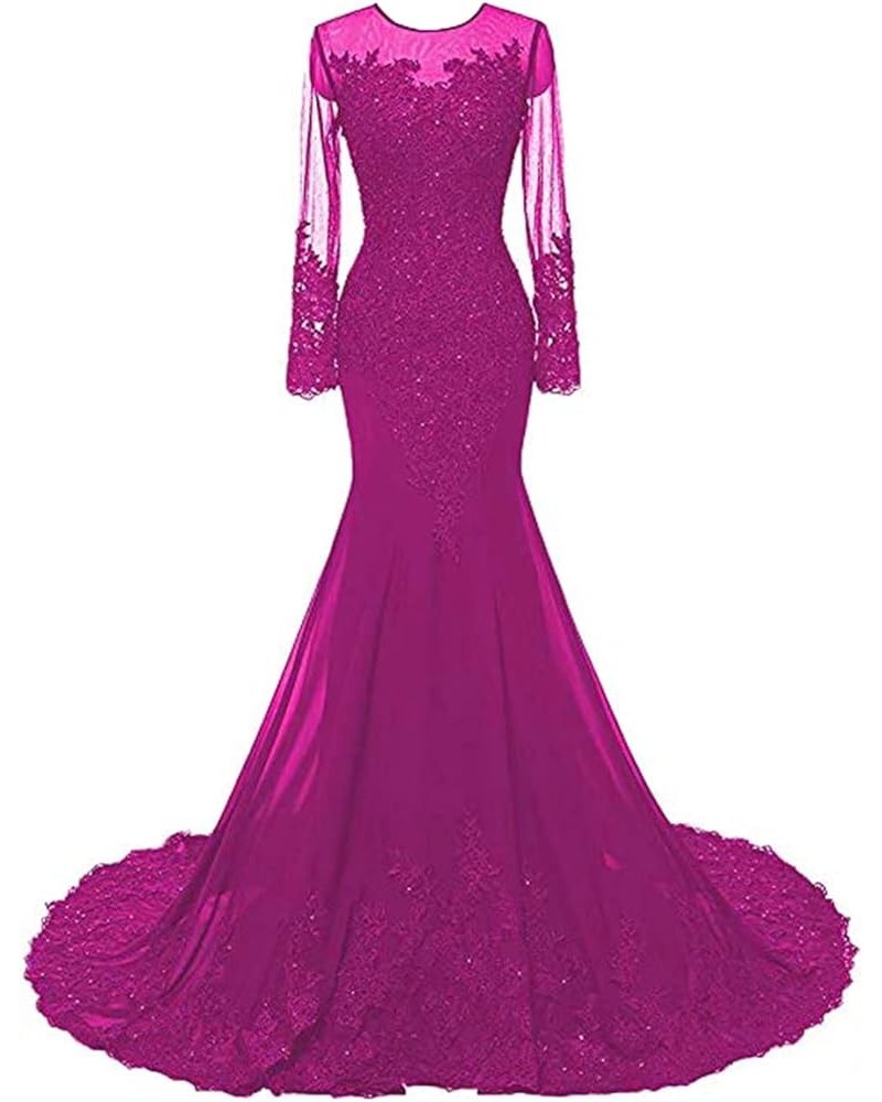 Mermaid Prom Dresses Long Sleeves Lace Beaded Appliques Formal Evening Dresses Ball Gowns for Women Fuchsia $48.30 Dresses