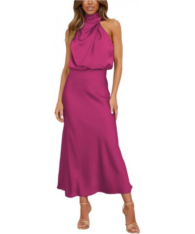 Women's Summer Elegant Satin Dress Sleeveless Mock Neck Cocktail Wedding Party Maxi Dresses Rose Red $16.00 Dresses