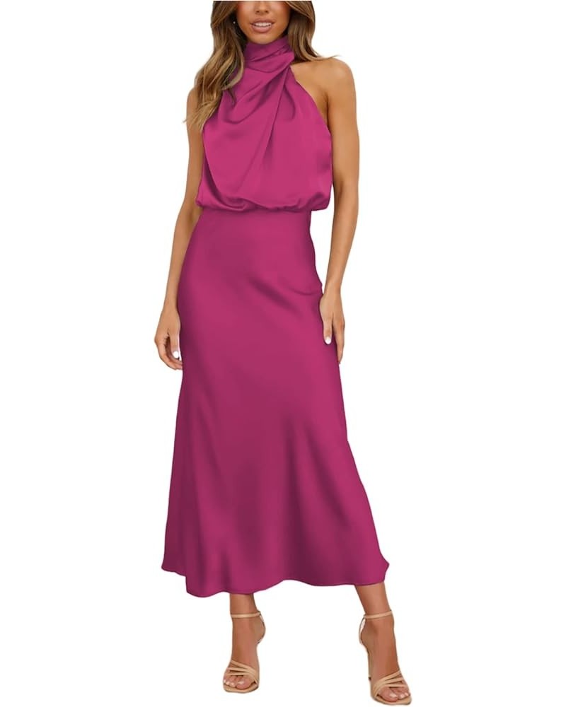 Women's Summer Elegant Satin Dress Sleeveless Mock Neck Cocktail Wedding Party Maxi Dresses Rose Red $16.00 Dresses