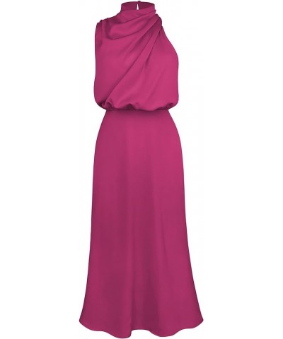 Women's Summer Elegant Satin Dress Sleeveless Mock Neck Cocktail Wedding Party Maxi Dresses Rose Red $16.00 Dresses