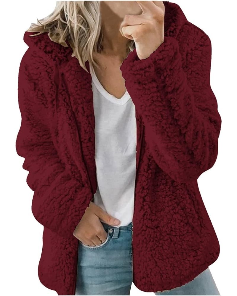 Winter Coats for Women Faux Fur Shaggy Fleece Cardigan Tops Zip Up Fluffy Sherpa Teddy Hoodies Jackets Wine 10 $7.48 Coats