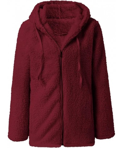 Winter Coats for Women Faux Fur Shaggy Fleece Cardigan Tops Zip Up Fluffy Sherpa Teddy Hoodies Jackets Wine 10 $7.48 Coats