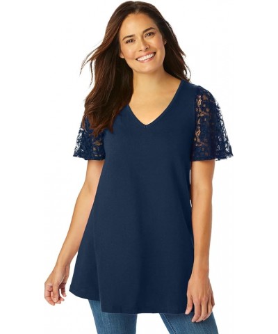 Women's Plus Size Lace Sleeve Tunic Navy $20.31 Tops