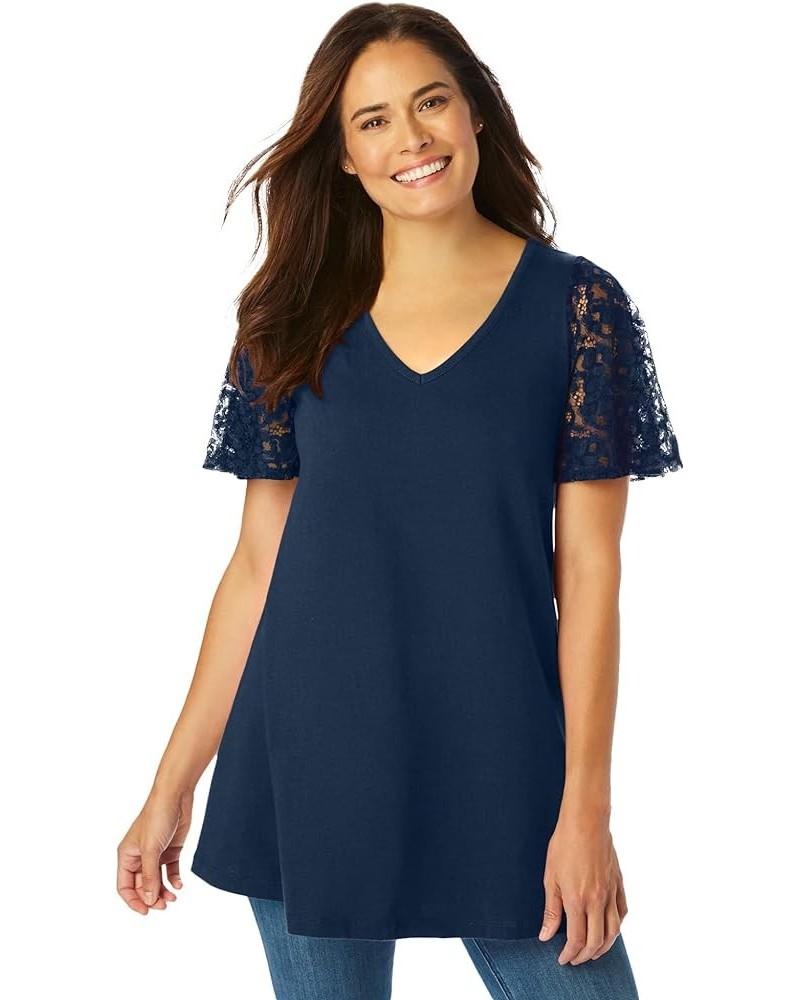 Women's Plus Size Lace Sleeve Tunic Navy $20.31 Tops