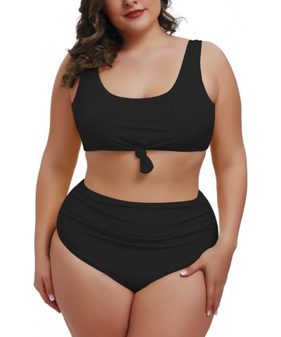 Women's 2 Piece Plus Size Halter V Neck Ruched High Waisted Bikini Tummy Control Swimsuit Bathing Suit 02 - Black $17.99 Swim...