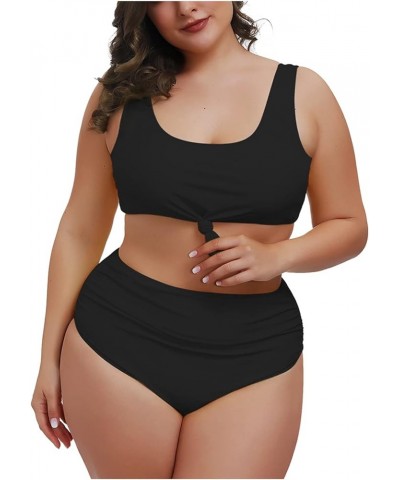 Women's 2 Piece Plus Size Halter V Neck Ruched High Waisted Bikini Tummy Control Swimsuit Bathing Suit 02 - Black $17.99 Swim...