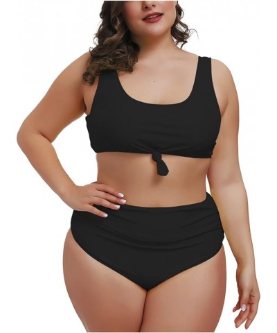 Women's 2 Piece Plus Size Halter V Neck Ruched High Waisted Bikini Tummy Control Swimsuit Bathing Suit 02 - Black $17.99 Swim...