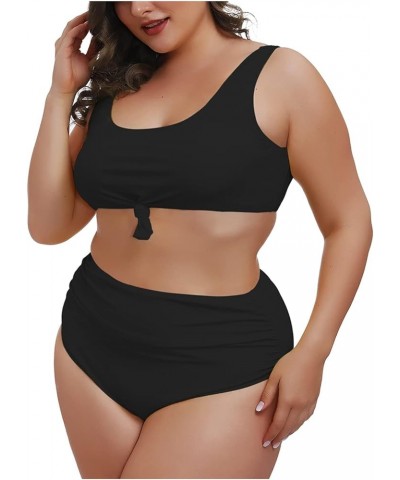 Women's 2 Piece Plus Size Halter V Neck Ruched High Waisted Bikini Tummy Control Swimsuit Bathing Suit 02 - Black $17.99 Swim...