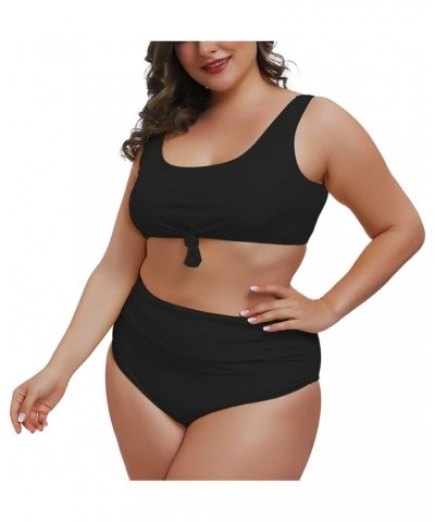 Women's 2 Piece Plus Size Halter V Neck Ruched High Waisted Bikini Tummy Control Swimsuit Bathing Suit 02 - Black $17.99 Swim...