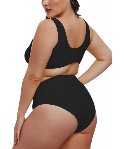 Women's 2 Piece Plus Size Halter V Neck Ruched High Waisted Bikini Tummy Control Swimsuit Bathing Suit 02 - Black $17.99 Swim...