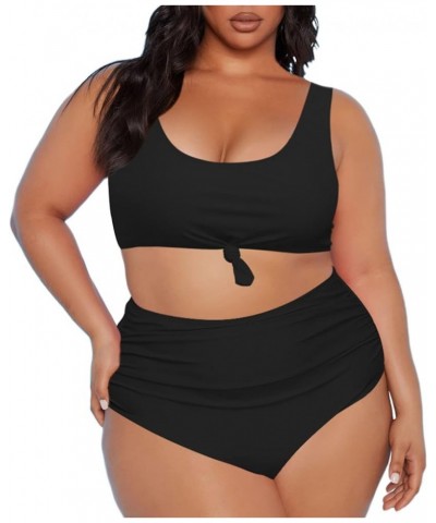 Women's 2 Piece Plus Size Halter V Neck Ruched High Waisted Bikini Tummy Control Swimsuit Bathing Suit 02 - Black $17.99 Swim...