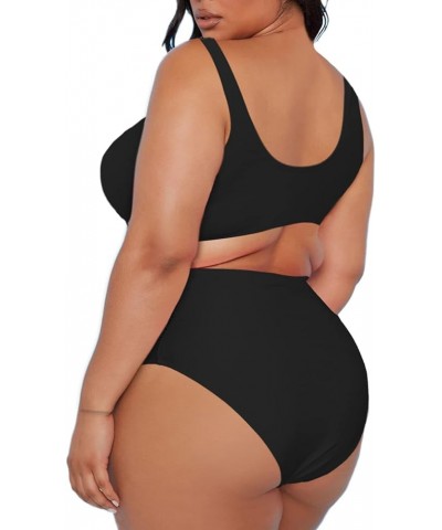 Women's 2 Piece Plus Size Halter V Neck Ruched High Waisted Bikini Tummy Control Swimsuit Bathing Suit 02 - Black $17.99 Swim...