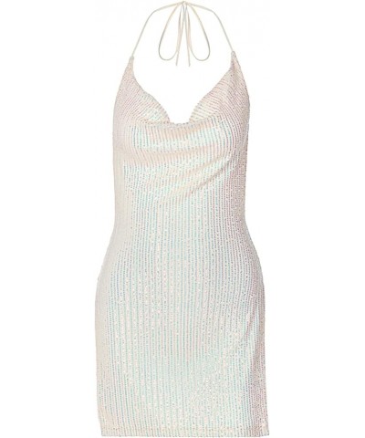 Women's Sequin Halter Bodycon Mini Dress Split Hem Backless Cowl Neck Sexy Short Dress Open Back Cocktail Party Dresses Beige...