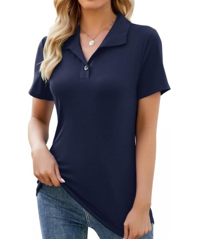 Womens V Neck Short Sleeve Polo Shirts Button Down Collared Tops Work Tunic Blouses Business Casual Navy Blue $10.25 Shirts