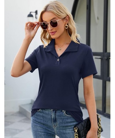 Womens V Neck Short Sleeve Polo Shirts Button Down Collared Tops Work Tunic Blouses Business Casual Navy Blue $10.25 Shirts