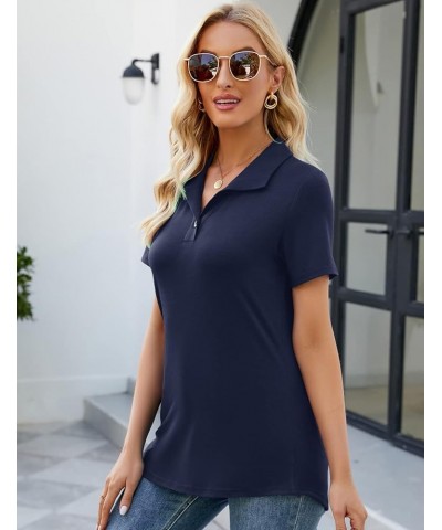 Womens V Neck Short Sleeve Polo Shirts Button Down Collared Tops Work Tunic Blouses Business Casual Navy Blue $10.25 Shirts