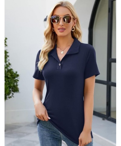 Womens V Neck Short Sleeve Polo Shirts Button Down Collared Tops Work Tunic Blouses Business Casual Navy Blue $10.25 Shirts