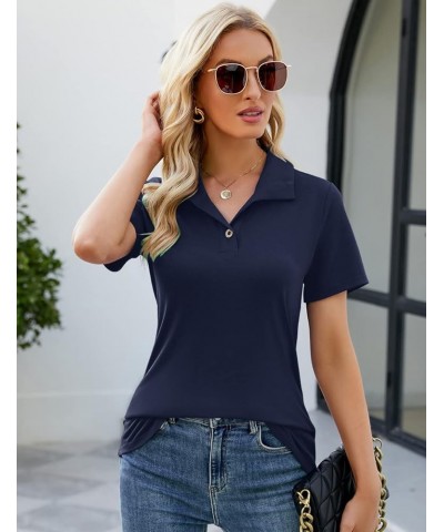 Womens V Neck Short Sleeve Polo Shirts Button Down Collared Tops Work Tunic Blouses Business Casual Navy Blue $10.25 Shirts