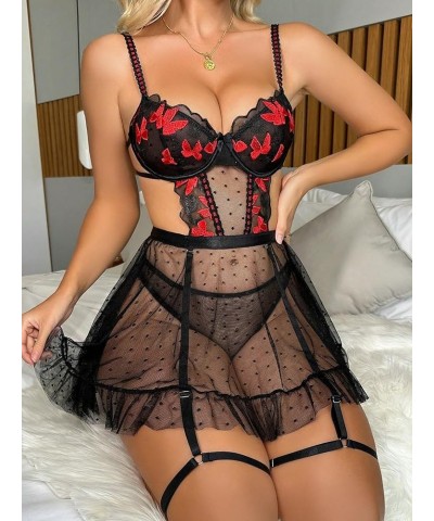 Women's Floral Embroidery Mesh Split Cut Out Babydoll Lingerie Slip Dress Graphic Black $14.88 Lingerie