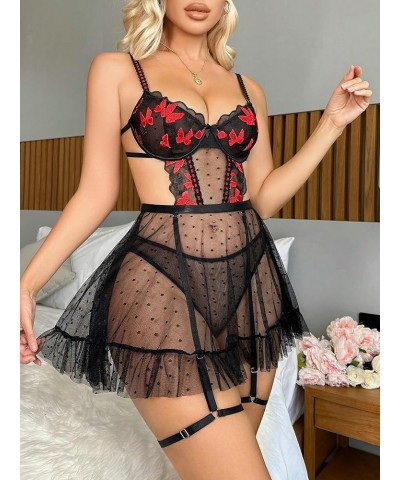 Women's Floral Embroidery Mesh Split Cut Out Babydoll Lingerie Slip Dress Graphic Black $14.88 Lingerie