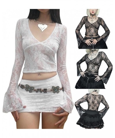 Women's Lace Mesh Tops Long Sleeve Dots Sheer Blouse Sexy Shirt High Neck See-Through Slim Fit Tee Shirts Clubwear White U $7...