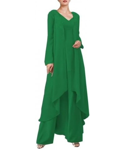 3 Pieces Long Mother of The Bride Pant Suits with Jacket V-Neck Wedding Guest Dress Chiffon Formal Evening Gowns Dark-green $...