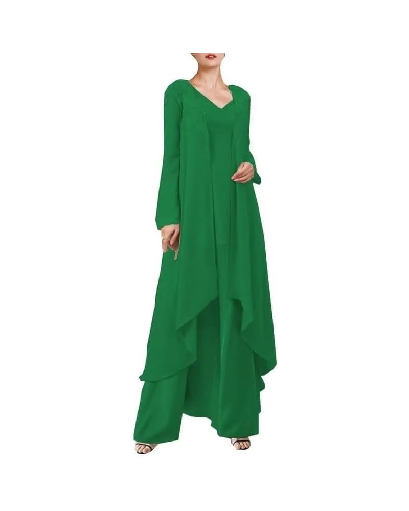 3 Pieces Long Mother of The Bride Pant Suits with Jacket V-Neck Wedding Guest Dress Chiffon Formal Evening Gowns Dark-green $...