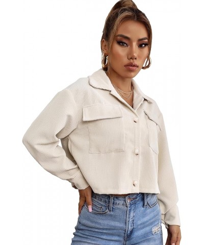 Women's Button Down Long Sleeve Collared Neck Flap Pocket Corduroy Crop Jackets Beige $13.02 Jackets