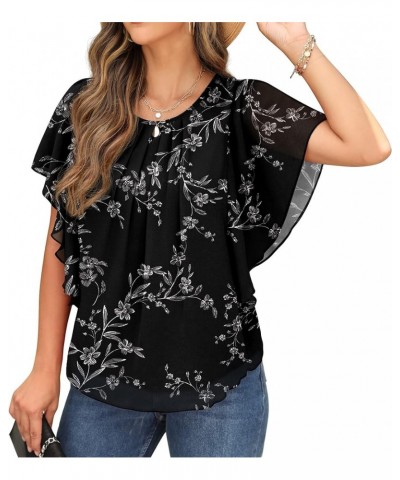 Summer Casual Loose Round Neck Chiffon Flowy Tops Blouses for Women 08-fp White Leaf-black $12.40 Blouses