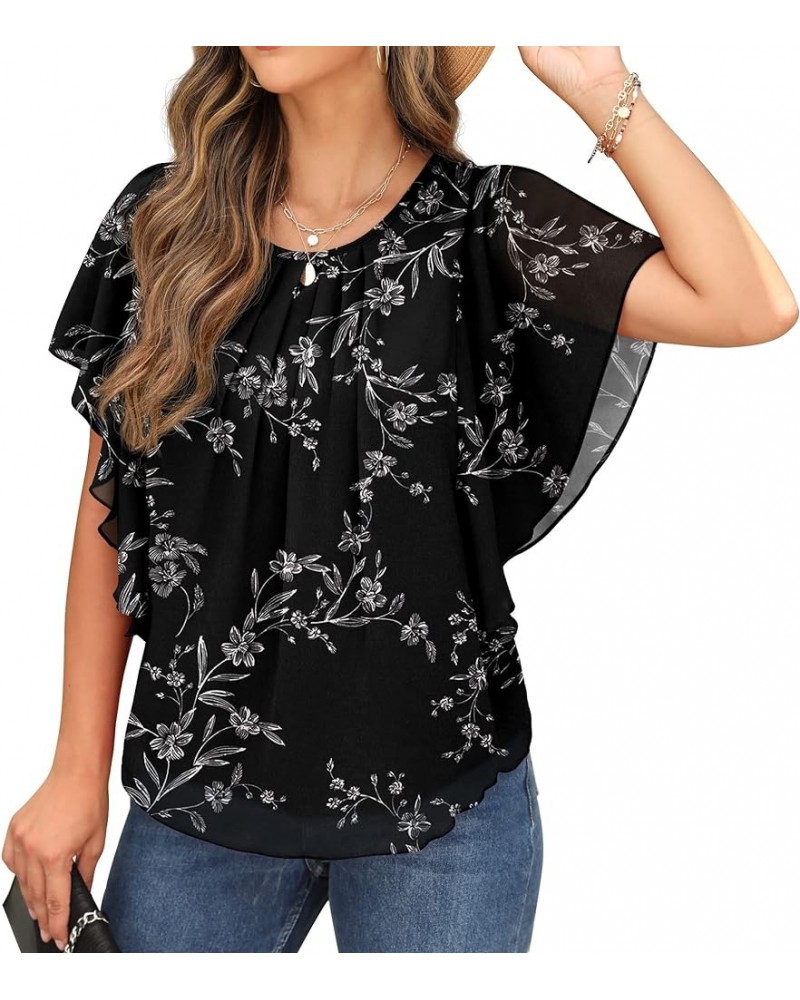 Summer Casual Loose Round Neck Chiffon Flowy Tops Blouses for Women 08-fp White Leaf-black $12.40 Blouses