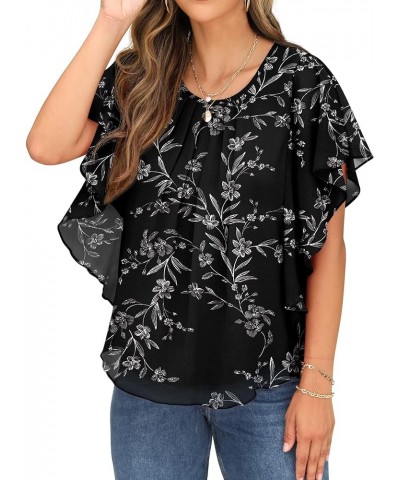 Summer Casual Loose Round Neck Chiffon Flowy Tops Blouses for Women 08-fp White Leaf-black $12.40 Blouses