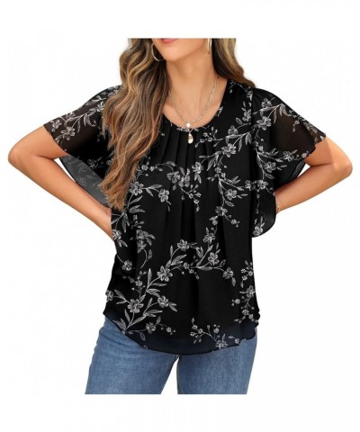 Summer Casual Loose Round Neck Chiffon Flowy Tops Blouses for Women 08-fp White Leaf-black $12.40 Blouses