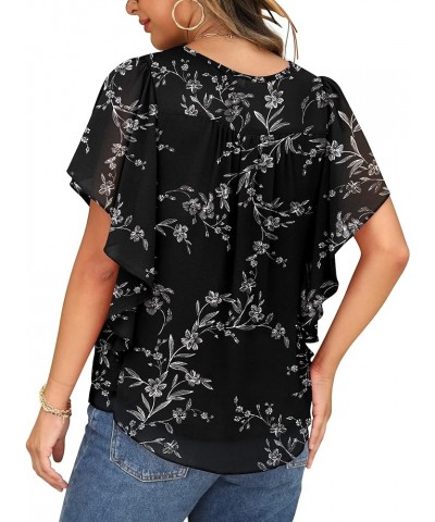 Summer Casual Loose Round Neck Chiffon Flowy Tops Blouses for Women 08-fp White Leaf-black $12.40 Blouses