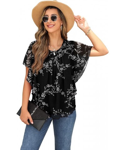 Summer Casual Loose Round Neck Chiffon Flowy Tops Blouses for Women 08-fp White Leaf-black $12.40 Blouses