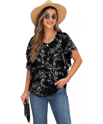 Summer Casual Loose Round Neck Chiffon Flowy Tops Blouses for Women 08-fp White Leaf-black $12.40 Blouses