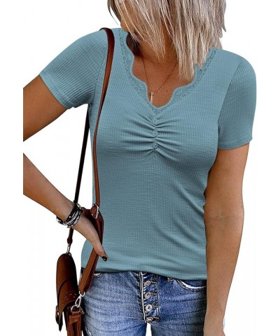 Women's 2024 Short Sleeve Ribbed Knit Tops Ruched V Neck Henley Shirts Button Up Lace Trim Blouses Tee B10-bluishgrey $10.75 ...