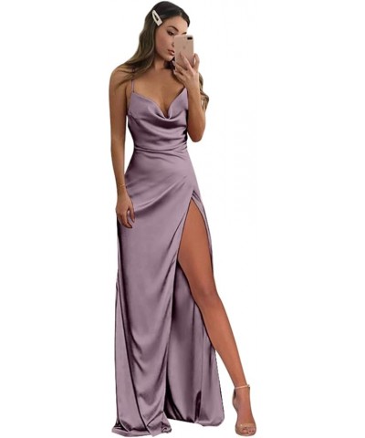 Women's Cowl Neck Mermaid Bridesmaid Dresses Spaghetti Straps Long Silk Satin Formal Dress with Slit Wisteria $24.60 Dresses