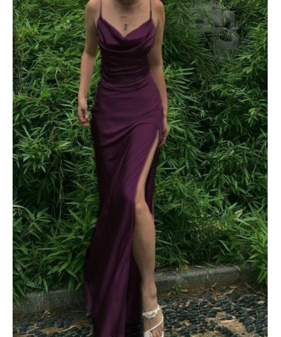 Women's Cowl Neck Mermaid Bridesmaid Dresses Spaghetti Straps Long Silk Satin Formal Dress with Slit Wisteria $24.60 Dresses