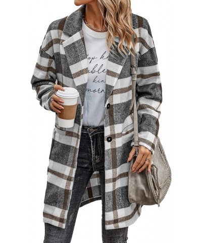 Women's 2024 Plaid Shacket Jacket Casual Button Wool Blend Winter Tartan Trench Coat With Pockets Grey White $25.52 Coats