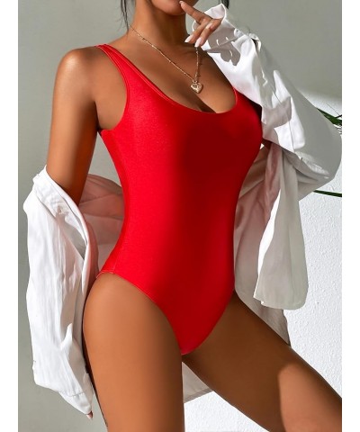 Women's Retro 80s/90s Inspired High Cut Low Back One Piece Swimwear Bathing Suits Red W/ Padded Cups Removable $14.08 Swimsuits