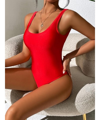 Women's Retro 80s/90s Inspired High Cut Low Back One Piece Swimwear Bathing Suits Red W/ Padded Cups Removable $14.08 Swimsuits