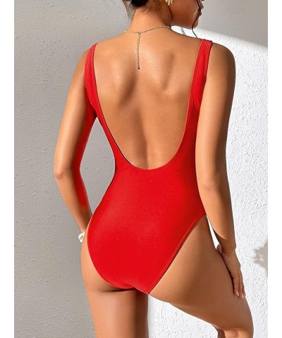 Women's Retro 80s/90s Inspired High Cut Low Back One Piece Swimwear Bathing Suits Red W/ Padded Cups Removable $14.08 Swimsuits